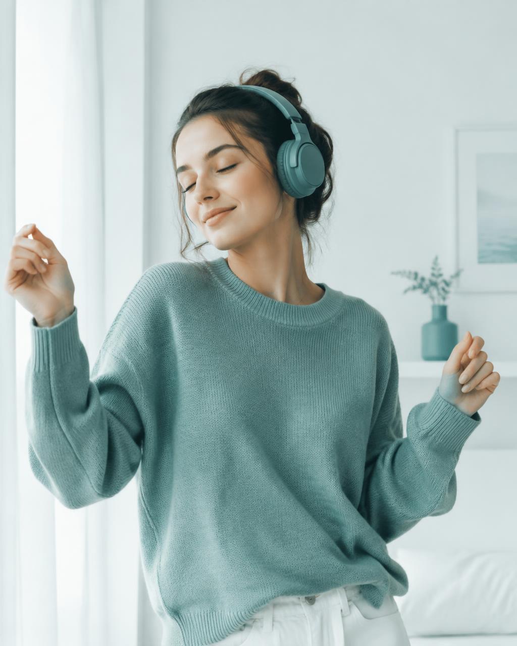 Una donna si muove a occhi chiusi ascoltando la musica