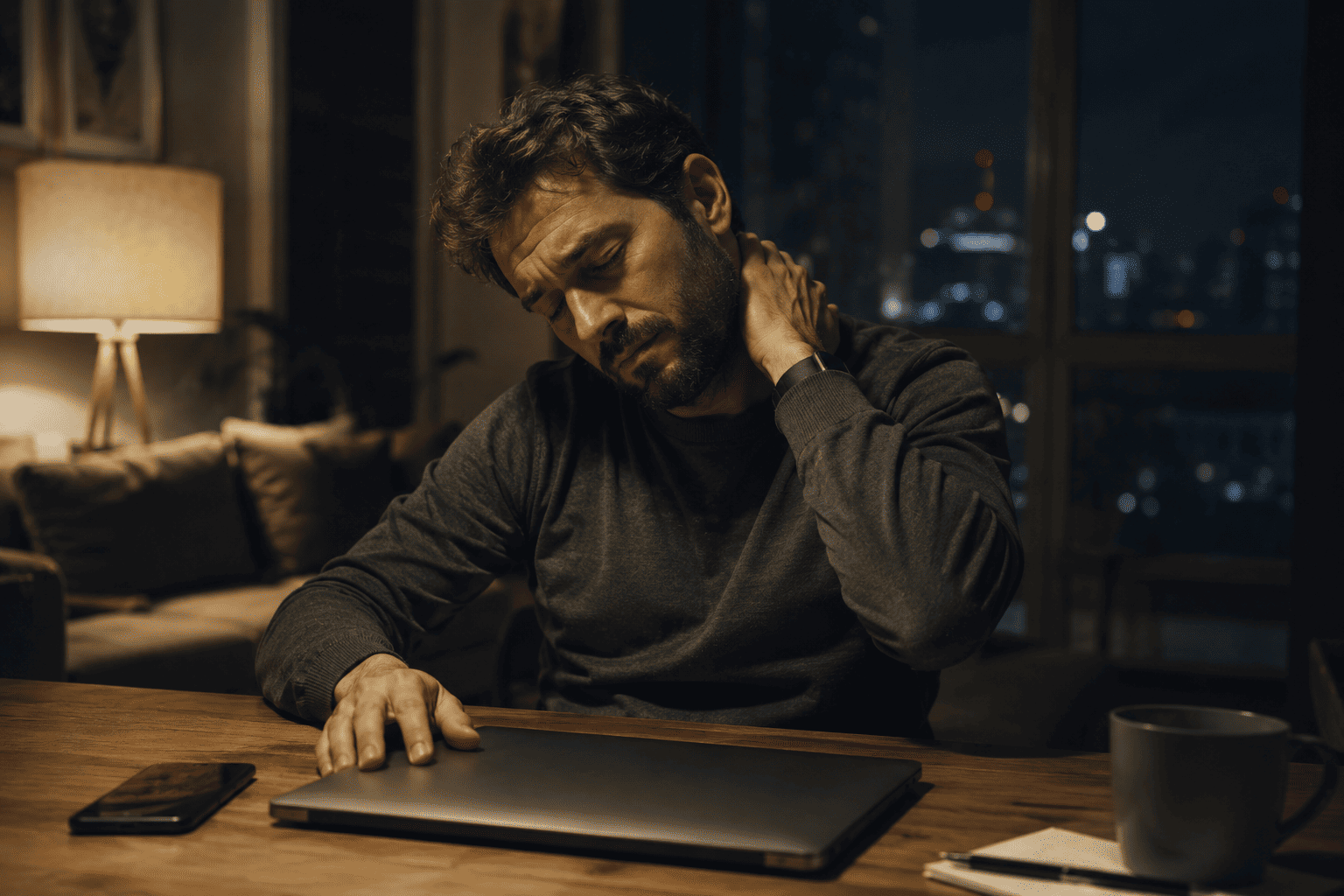 sera: chiude il laptop ma resta rigido — si porta la scrivania addosso